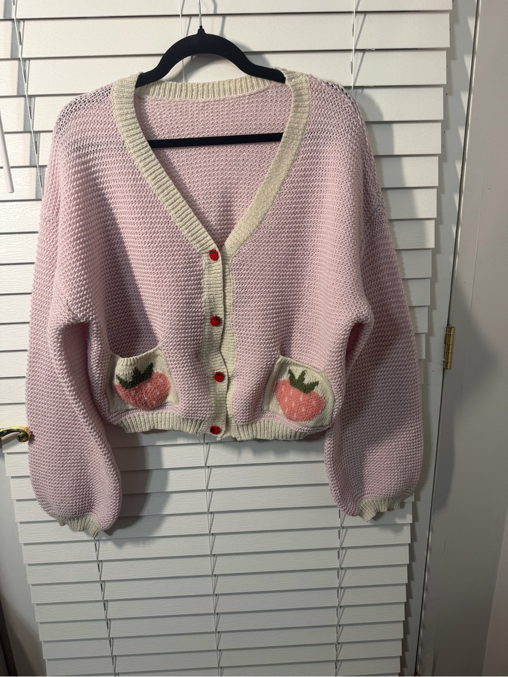 Women's Pink Strawberry Accent Cropped Cardigan Sweater - Picture 1 of 4